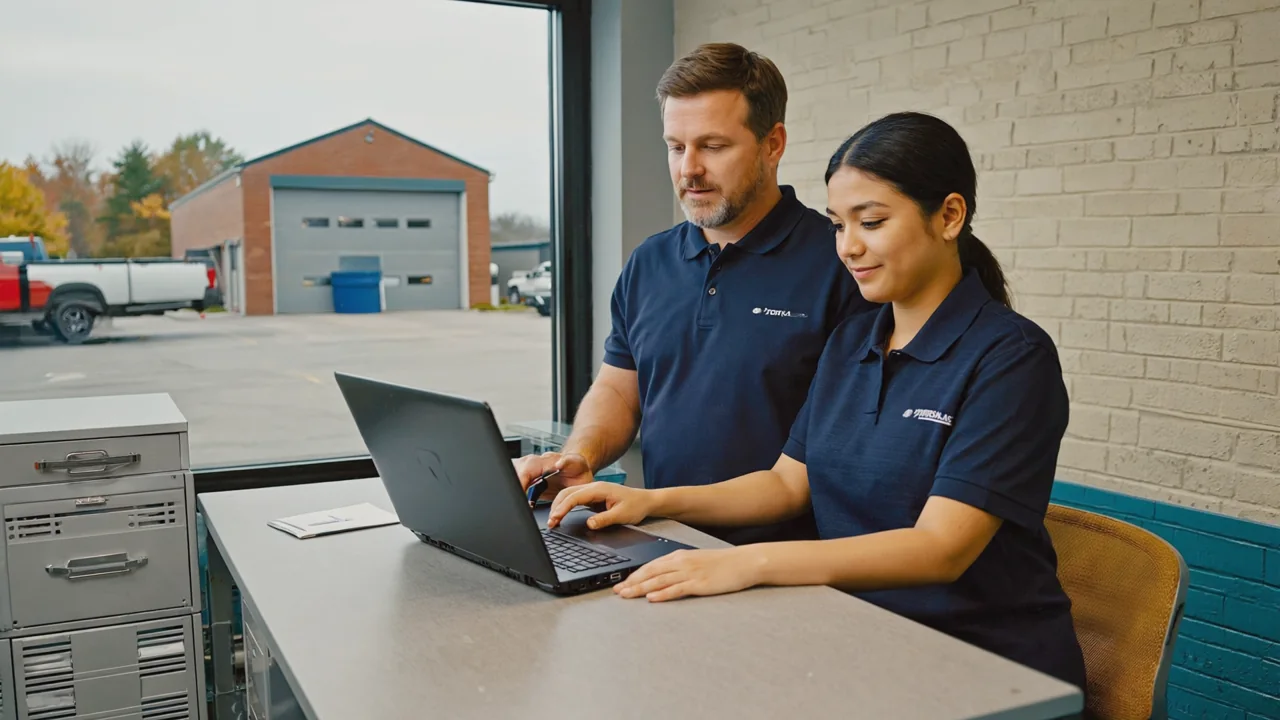 Two colleagues reviewing work together on a laptop in a small-business office.